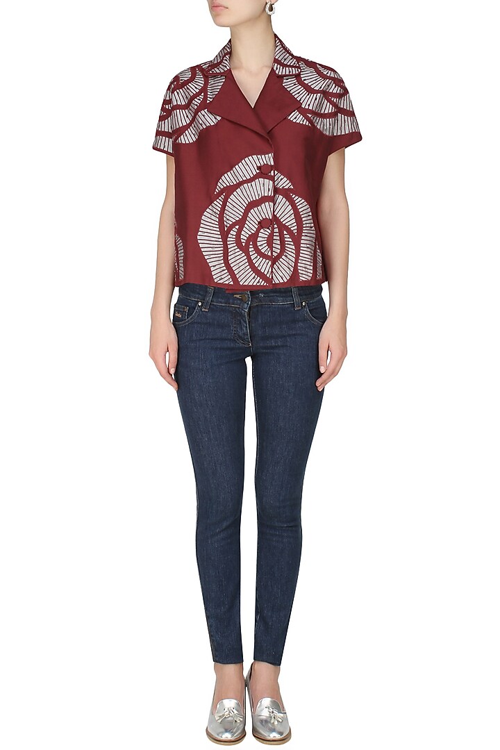Nachiket Barve presents Maroon embroidered cutwork rose motif oversize jacket available only at Pernia's Pop Up Shop.