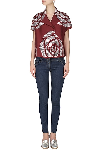Maroon embroidered cutwork rose motif oversize jacket by Nachiket Barve