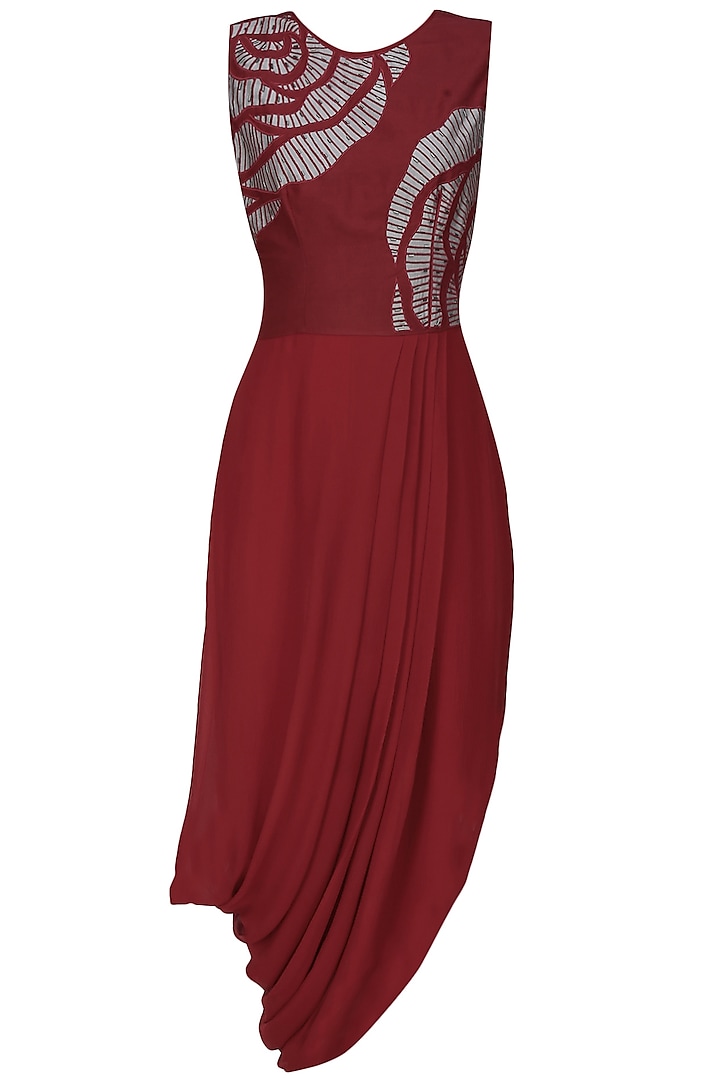 Maroon thread embroidered cutwork rose motif drape dress by Nachiket Barve