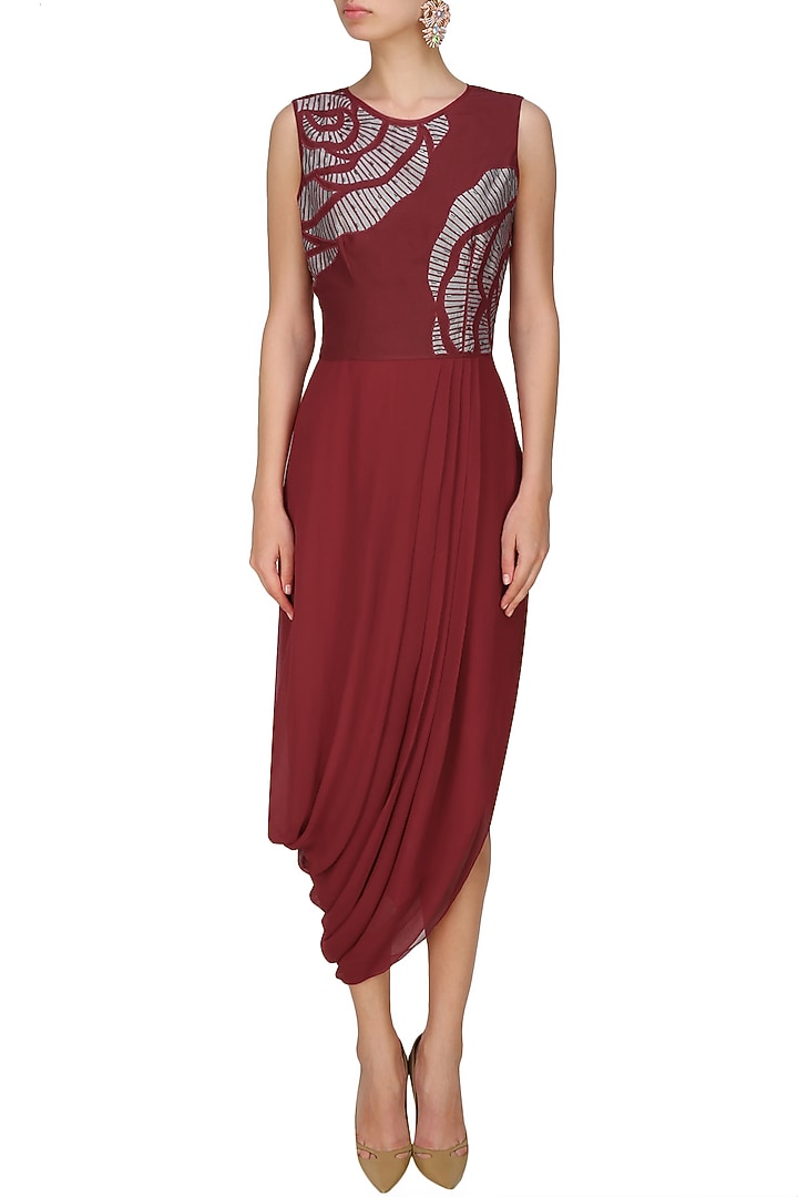 Nachiket Barve presents Maroon thread embroidered cutwork rose motif drape dress available only at Pernia's Pop Up Shop.