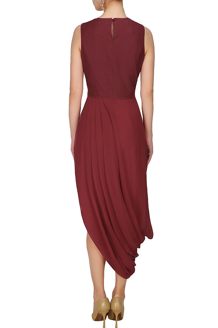 Nachiket Barve presents Maroon thread embroidered cutwork rose motif drape dress available only at Pernia's Pop Up Shop.