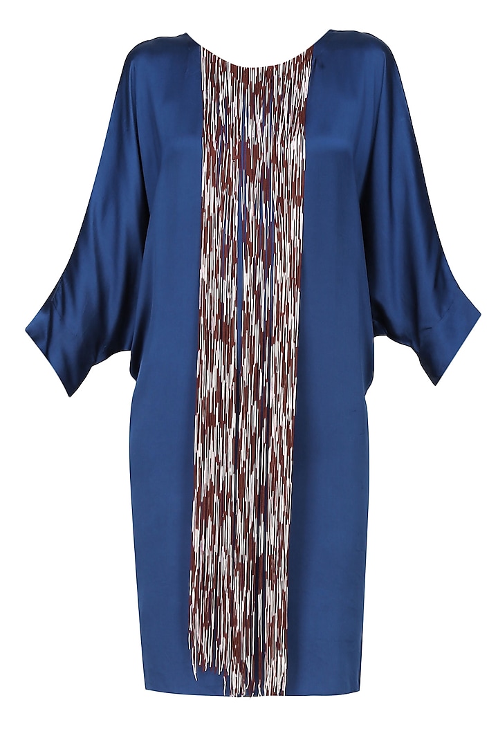 Cobalt blue piu piu tye and dye fringes satin dress by Nachiket Barve