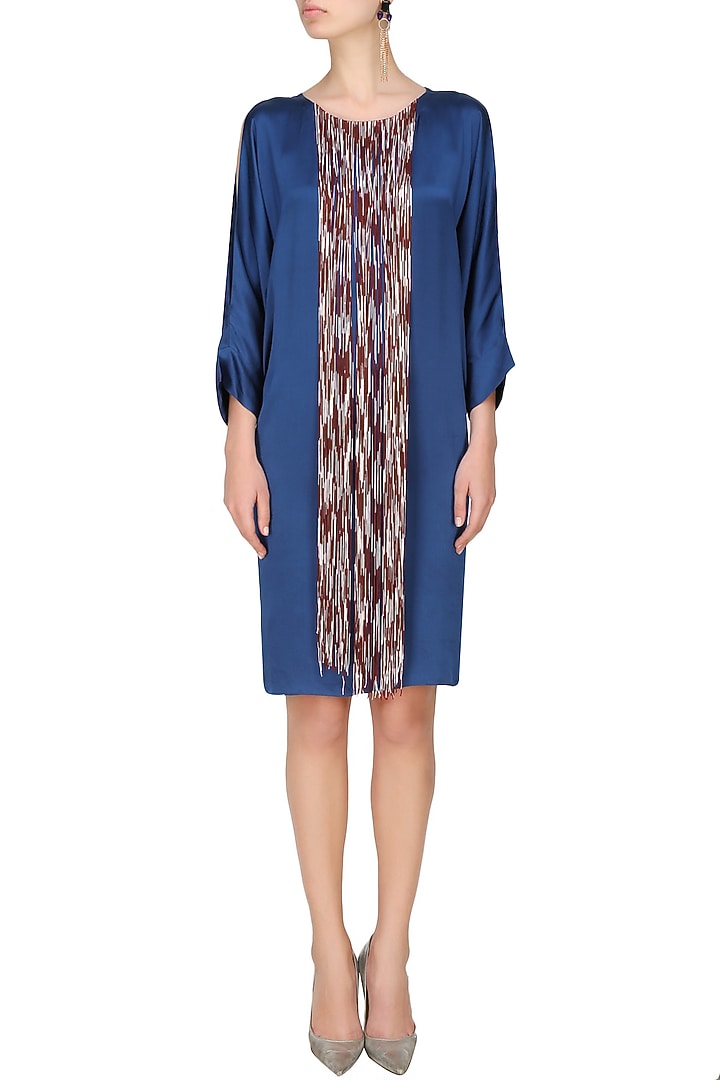 Nachiket Barve presents Cobalt blue piu piu tye and dye fringes satin dress available only at Pernia's Pop Up Shop.