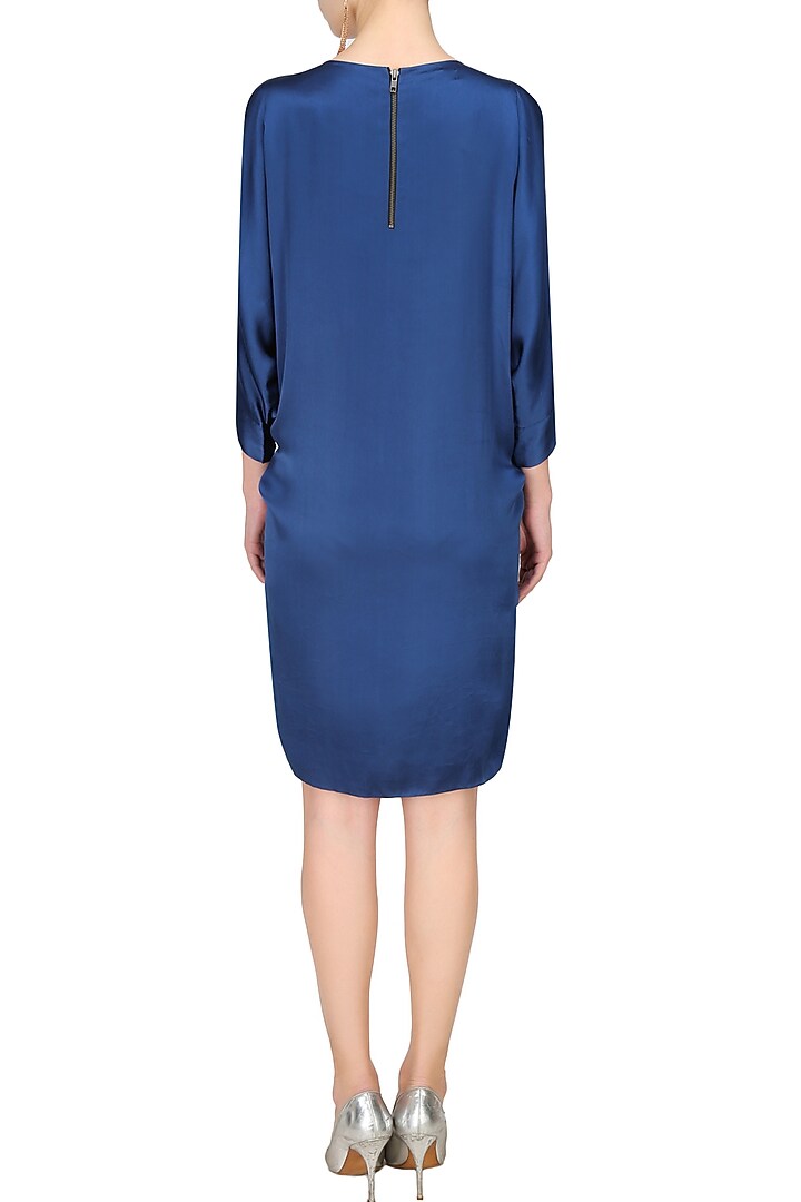 Nachiket Barve presents Cobalt blue piu piu tye and dye fringes satin dress available only at Pernia's Pop Up Shop.