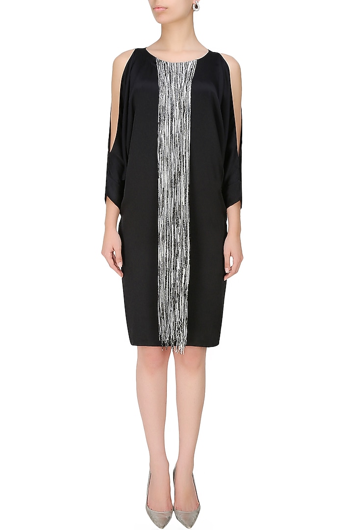 Nachiket Barve presents Black piu piu tye and dye fringes satin dress available only at Pernia's Pop Up Shop.