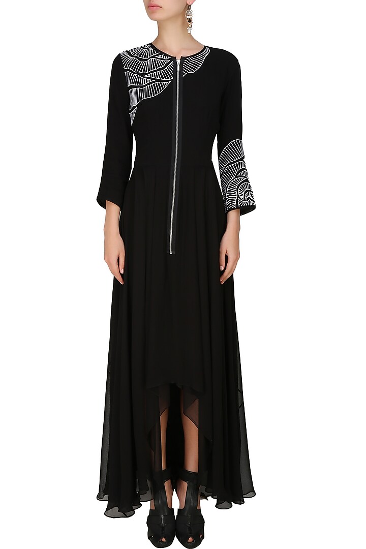 Nachiket Barve presents Black thread embroidered cutwork rose motif high low dress available only at Pernia's Pop Up Shop.