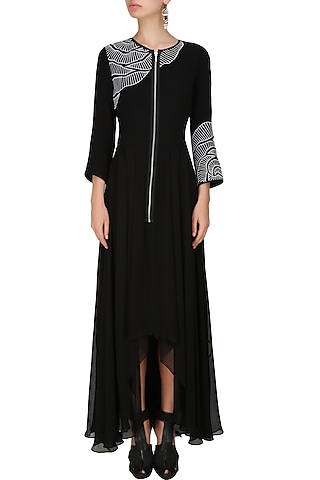 Black thread embroidered cutwork rose motif high low dress by Nachiket Barve