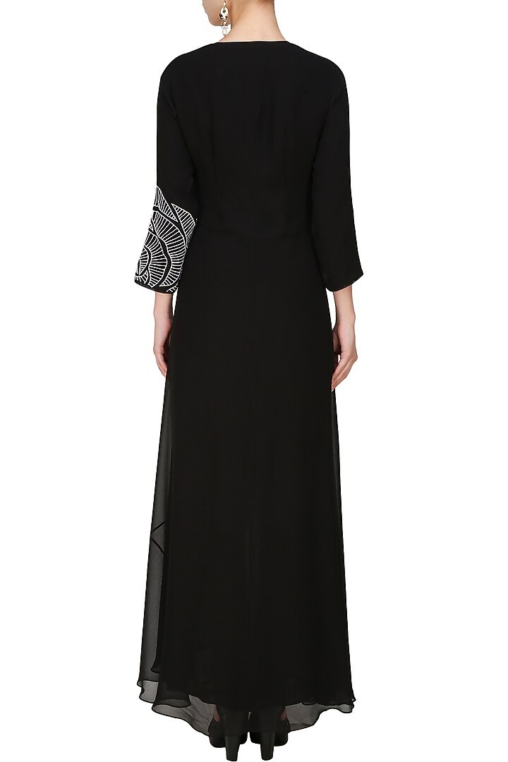 Nachiket Barve presents Black thread embroidered cutwork rose motif high low dress available only at Pernia's Pop Up Shop.