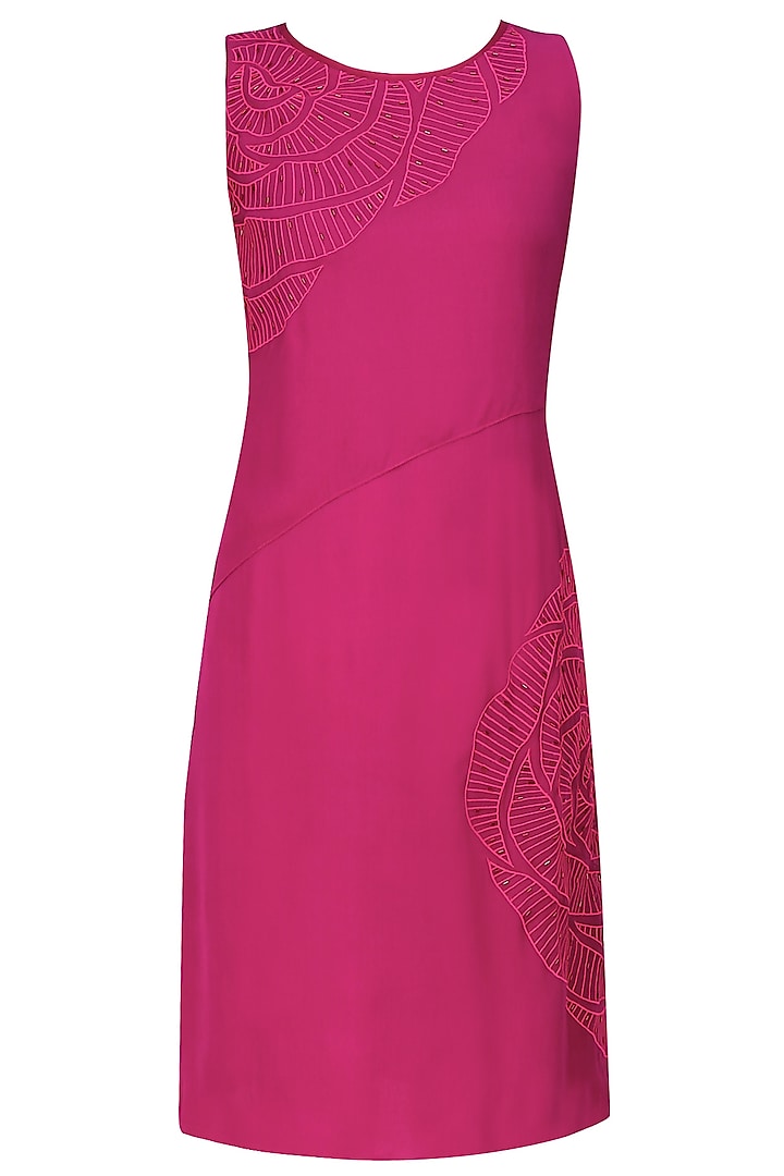 Pink thread embroidered cutwork rose motif wrap panelled dress by Nachiket Barve