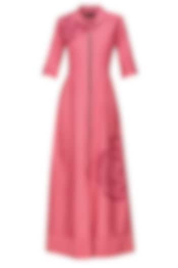 Pink thread embroidered cutwork rose motif long shirt dress by Nachiket Barve