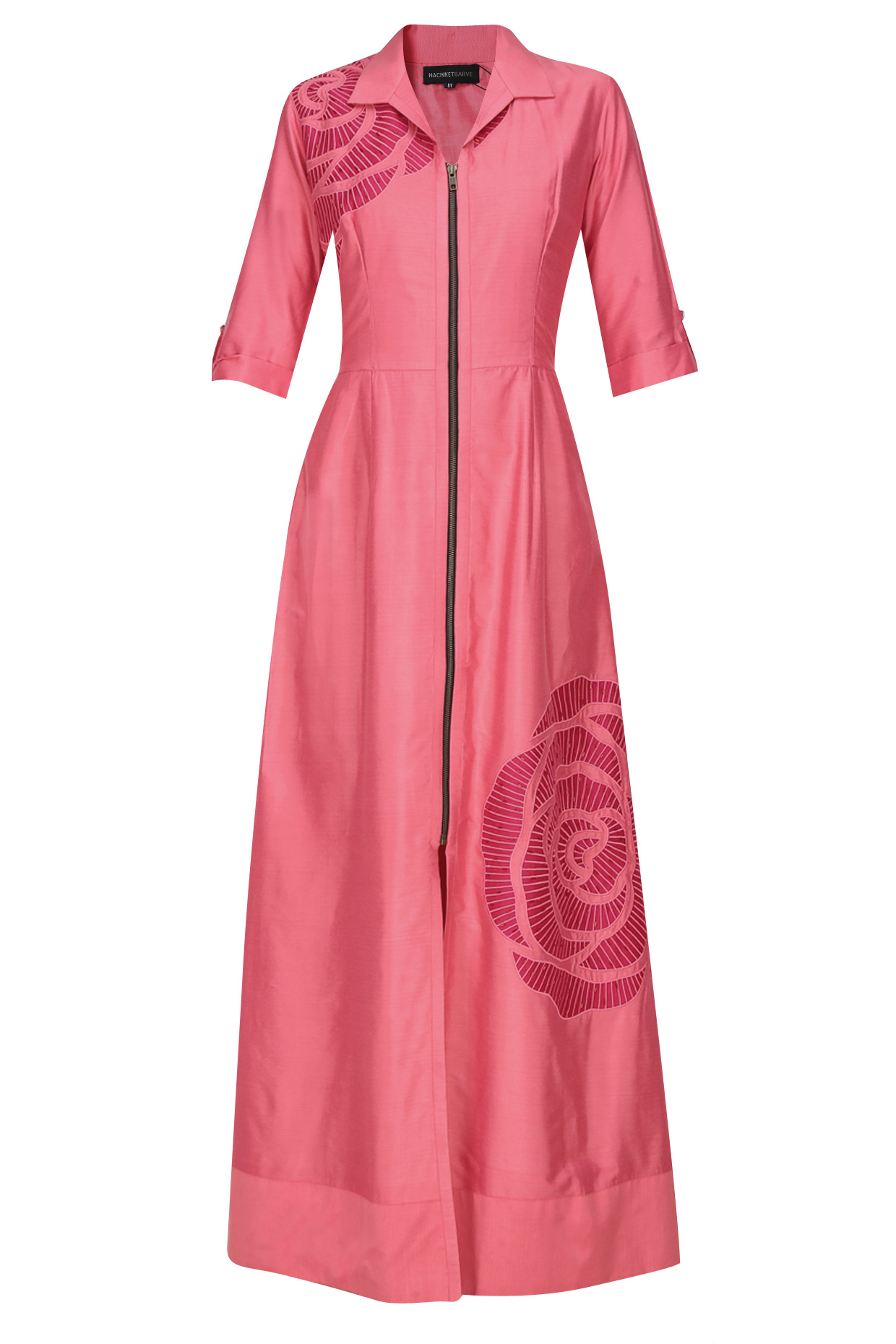 Nachiket Barve presents Pink thread embroidered cutwork rose motif long shirt dress available only at Pernia's Pop Up Shop.