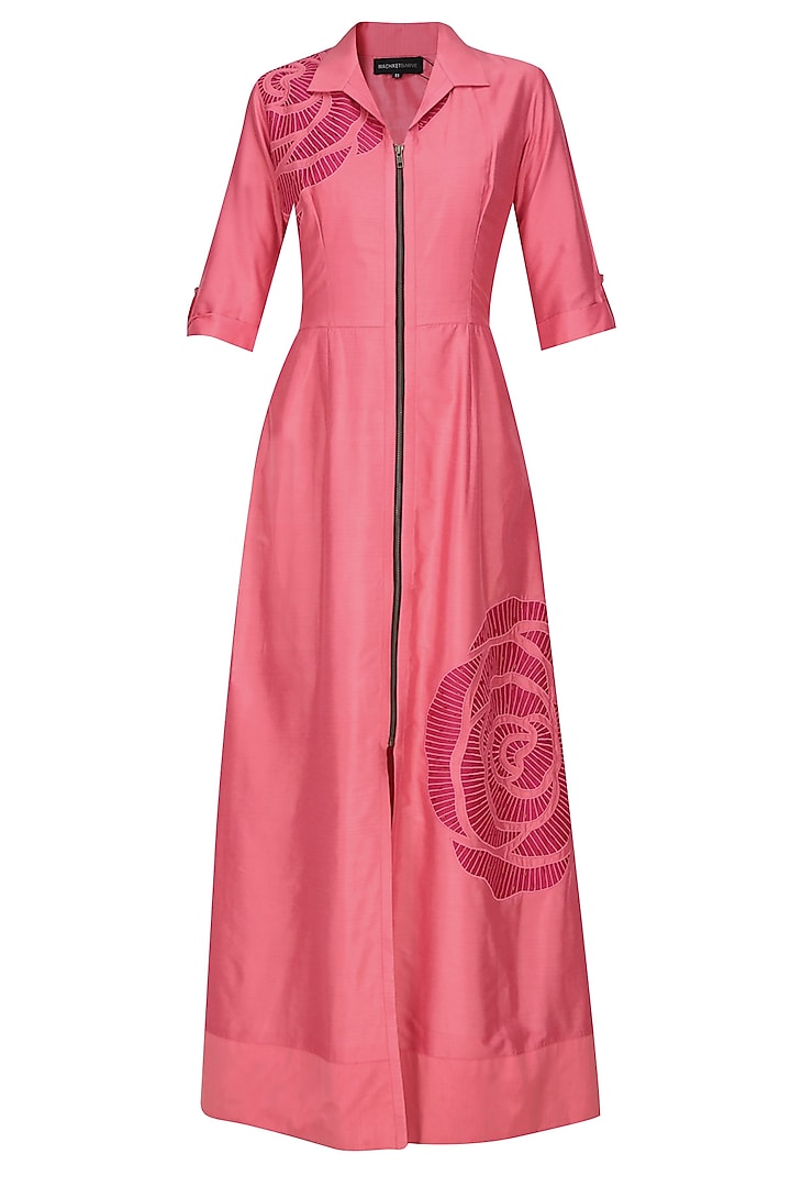 Pink thread embroidered cutwork rose motif long shirt dress by Nachiket Barve