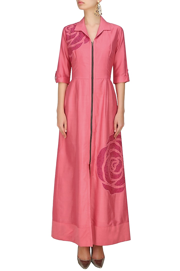 Nachiket Barve presents Pink thread embroidered cutwork rose motif long shirt dress available only at Pernia's Pop Up Shop.