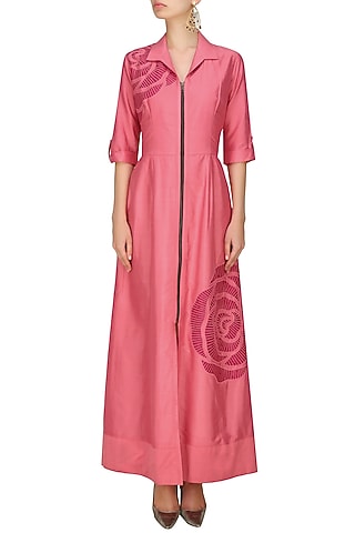 Pink thread embroidered cutwork rose motif long shirt dress by Nachiket Barve