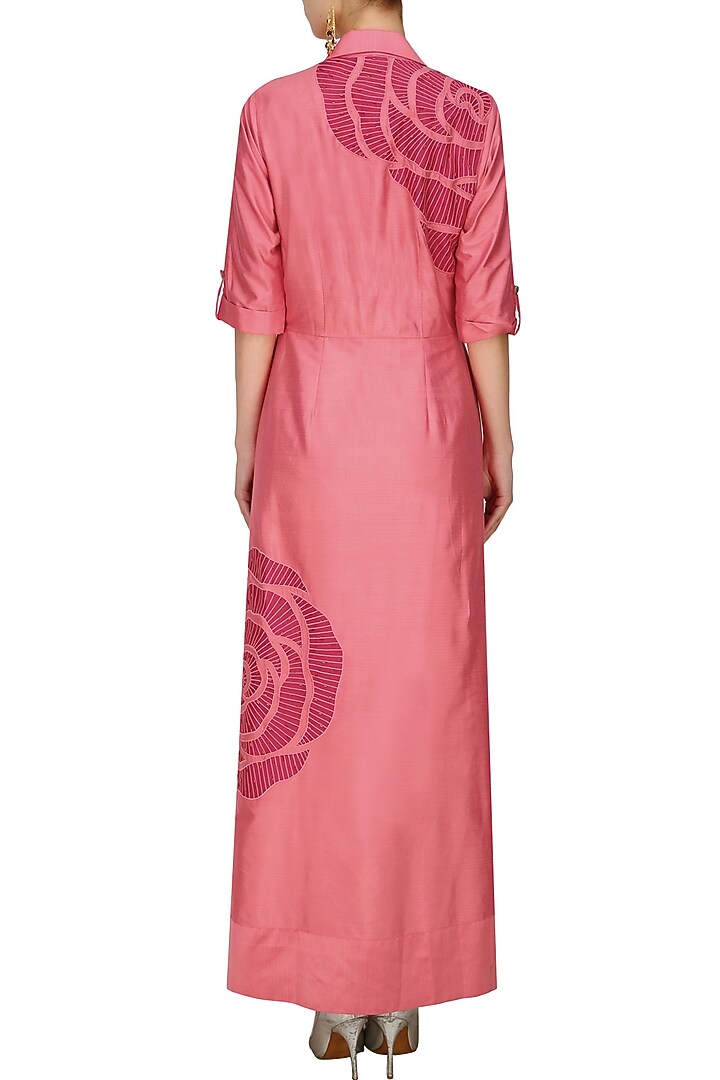 Nachiket Barve presents Pink thread embroidered cutwork rose motif long shirt dress available only at Pernia's Pop Up Shop.