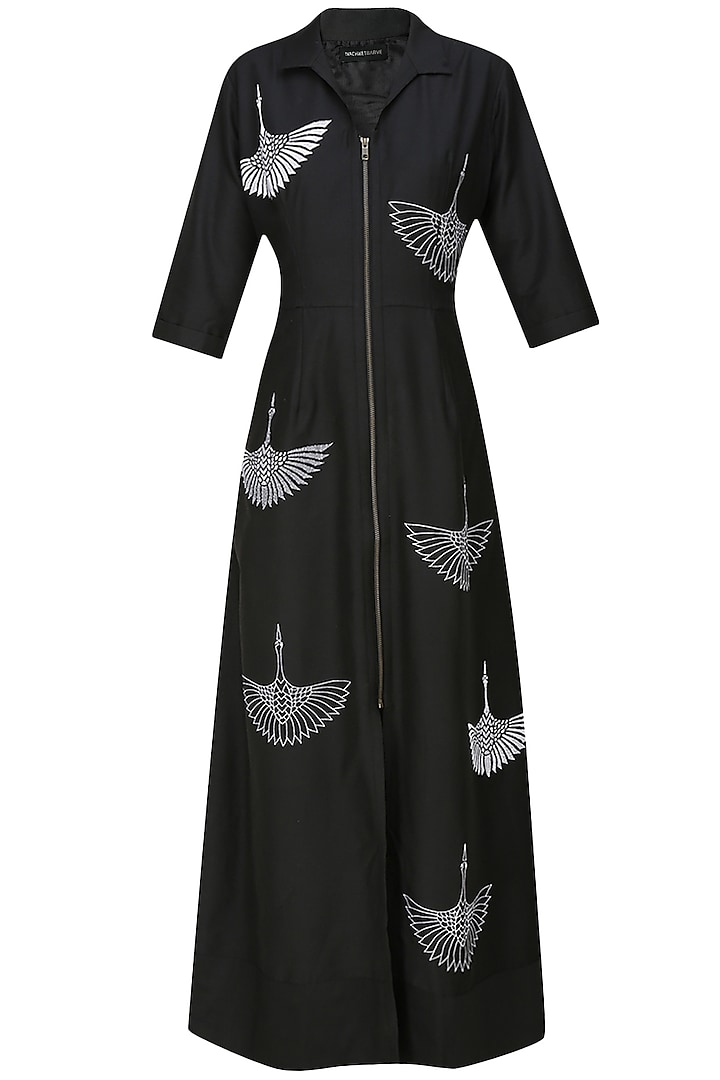 Black thread embroidered crane motifs shirt dress by Nachiket Barve