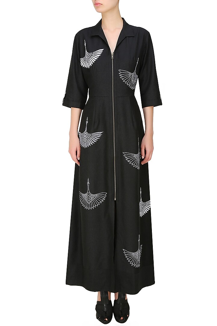 Nachiket Barve presents Black thread embroidered crane motifs shirt dress available only at Pernia's Pop Up Shop.