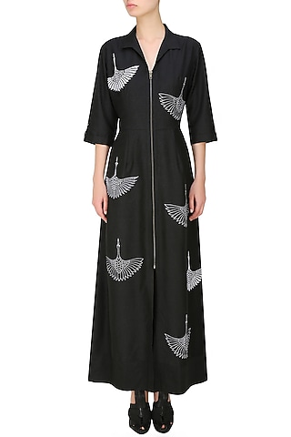 Black thread embroidered crane motifs shirt dress by Nachiket Barve