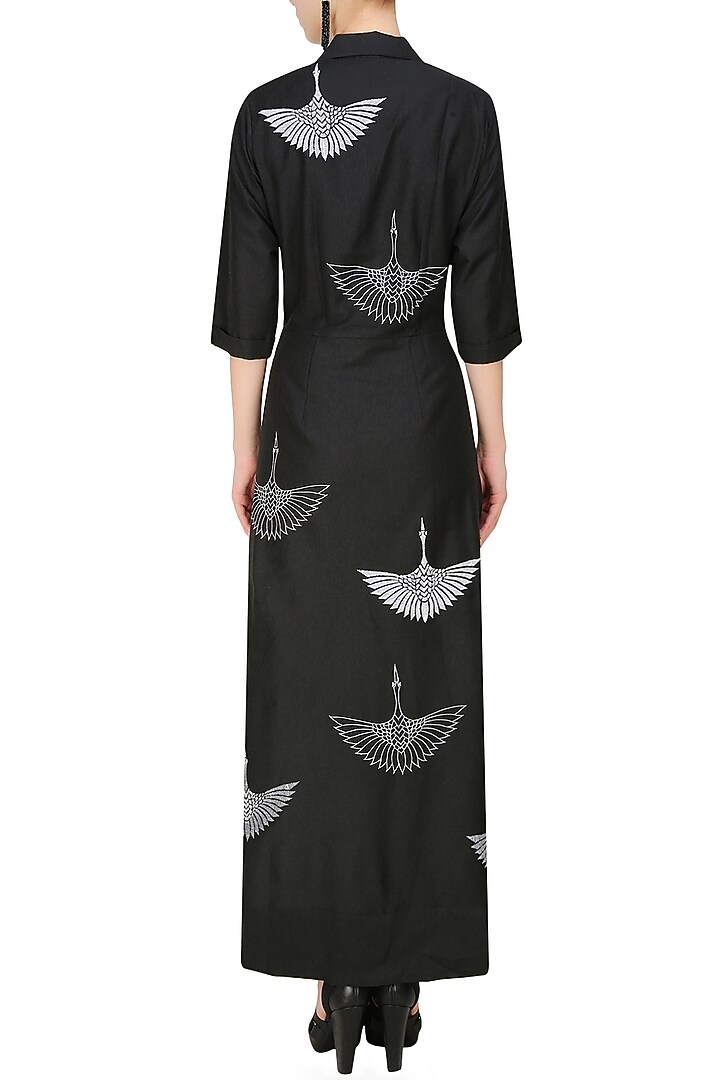 Nachiket Barve presents Black thread embroidered crane motifs shirt dress available only at Pernia's Pop Up Shop.