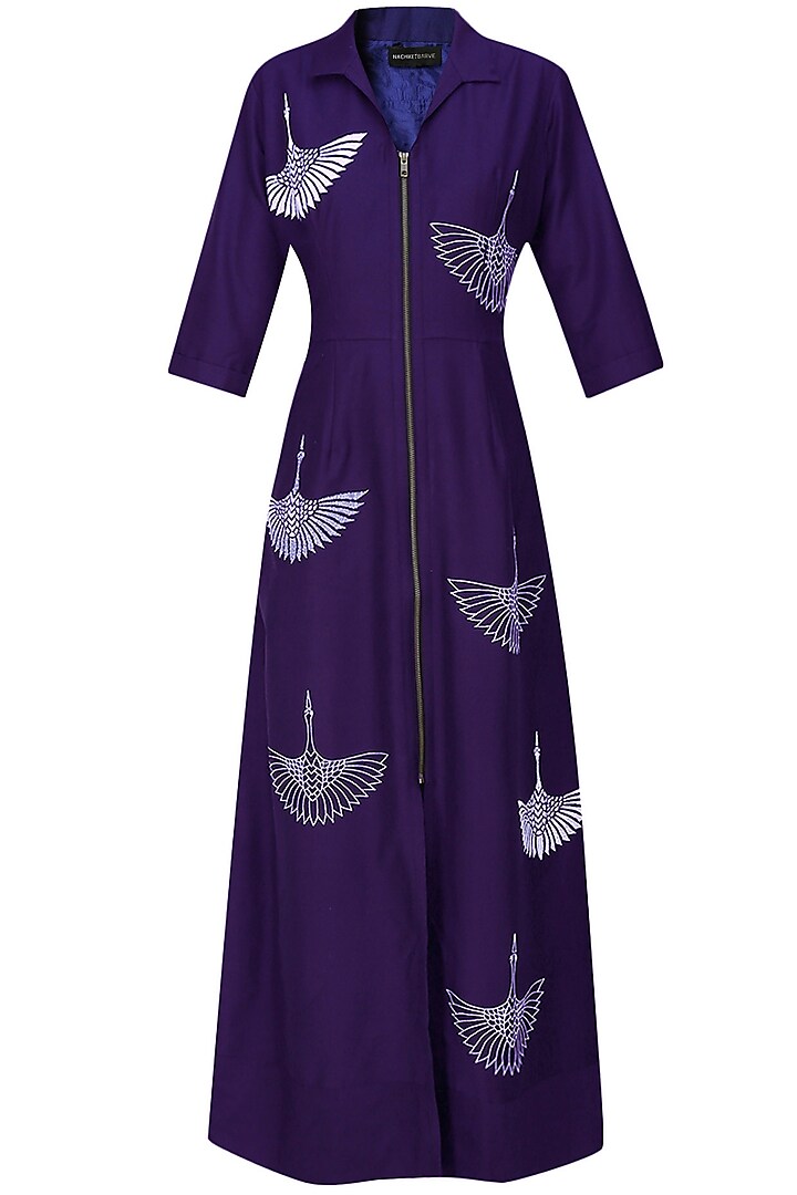 Nachiket Barve presents Indigo thread embroidered crane motifs shirt dress available only at Pernia's Pop Up Shop.