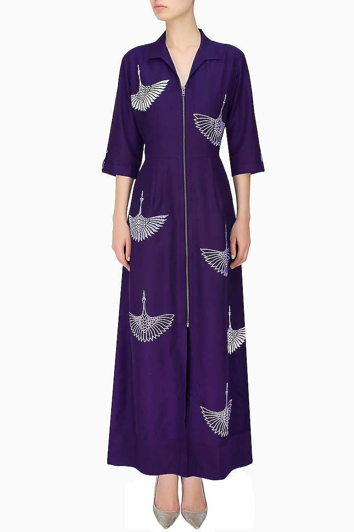 Nachiket Barve presents Indigo thread embroidered crane motifs shirt dress available only at Pernia's Pop Up Shop.
