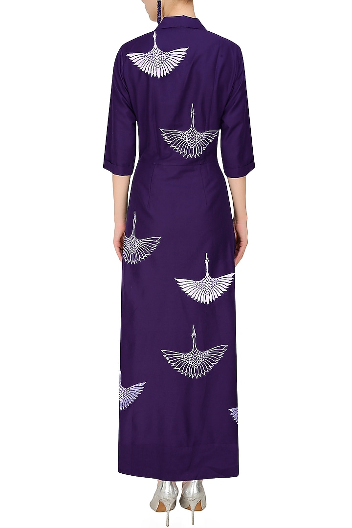 Nachiket Barve presents Indigo thread embroidered crane motifs shirt dress available only at Pernia's Pop Up Shop.