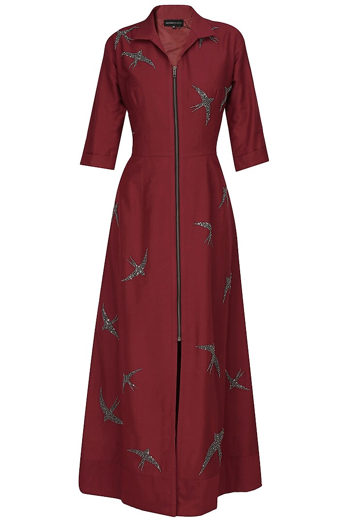 Maroon beads and sequins embroidered swallow motifs shirt dress by Nachiket Barve