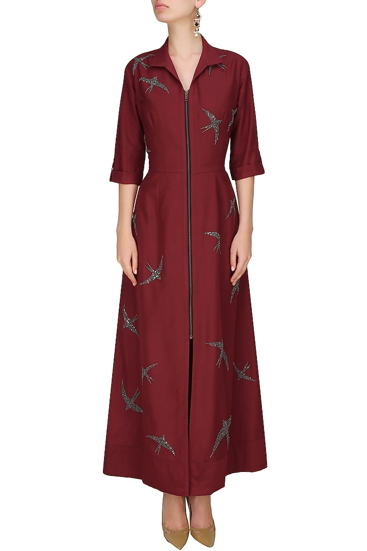 Nachiket Barve presents Maroon beads and sequins embroidered swallow motifs shirt dress available only at Pernia's Pop Up Shop.