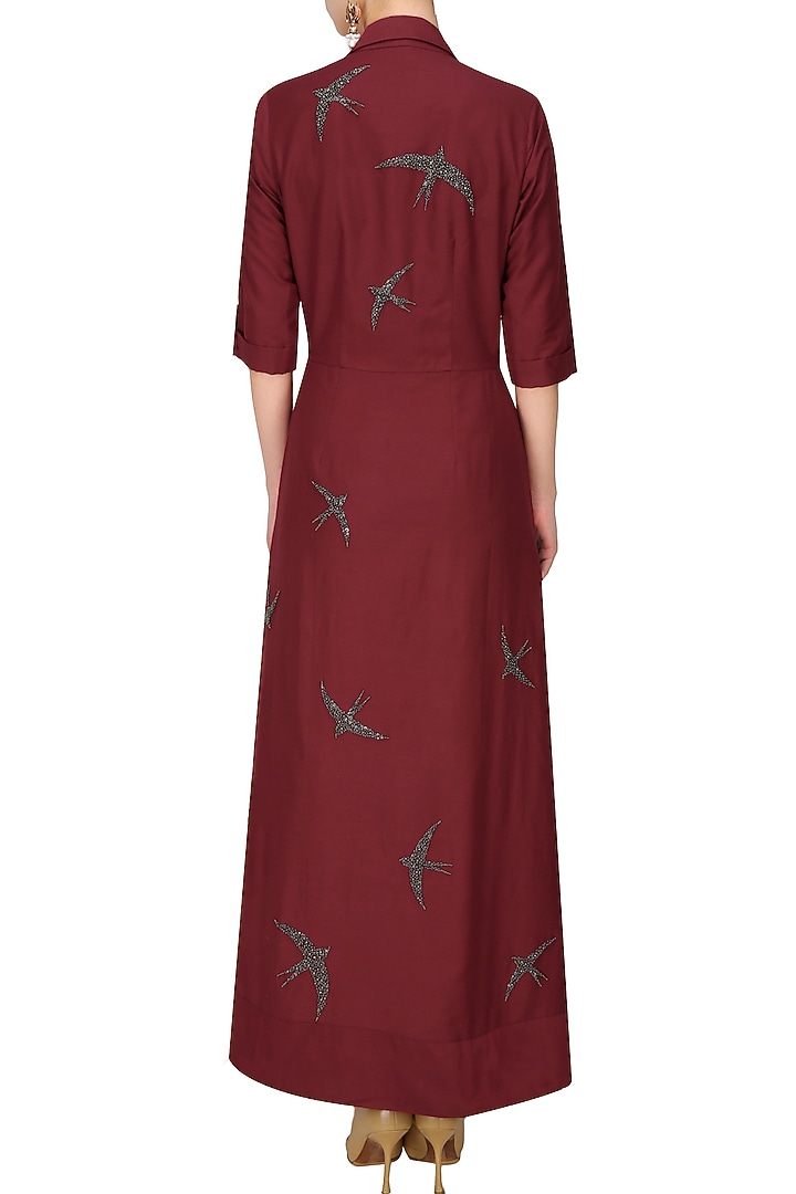 Nachiket Barve presents Maroon beads and sequins embroidered swallow motifs shirt dress available only at Pernia's Pop Up Shop.