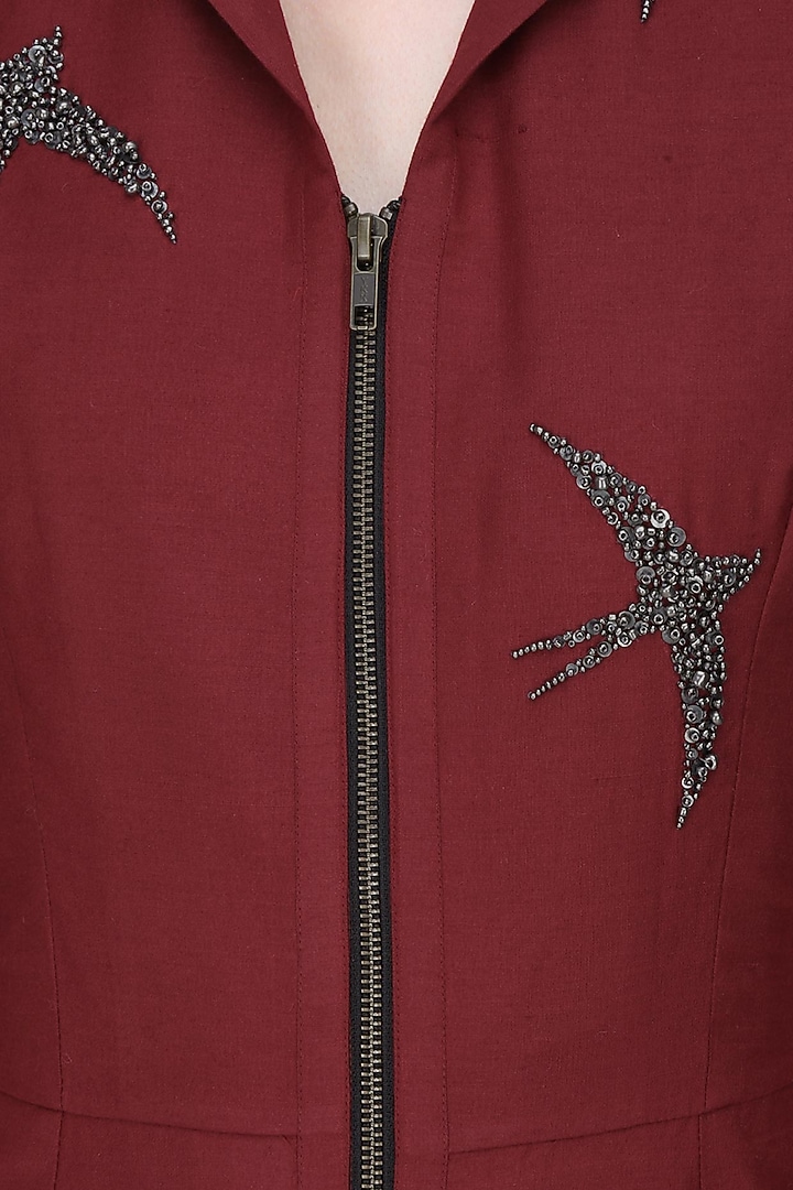 Nachiket Barve presents Maroon beads and sequins embroidered swallow motifs shirt dress available only at Pernia's Pop Up Shop.