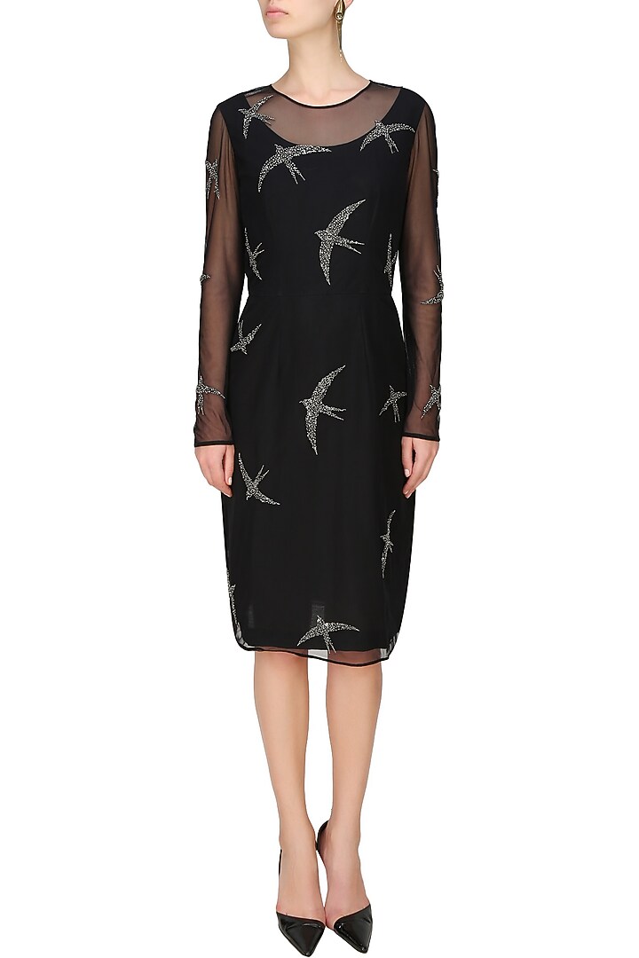 Nachiket Barve presents Black beads and sequins embroidered swallow motifs sheer dress available only at Pernia's Pop Up Shop.