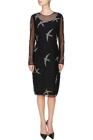 Black beads and sequins embroidered swallow motifs sheer dress by Nachiket Barve