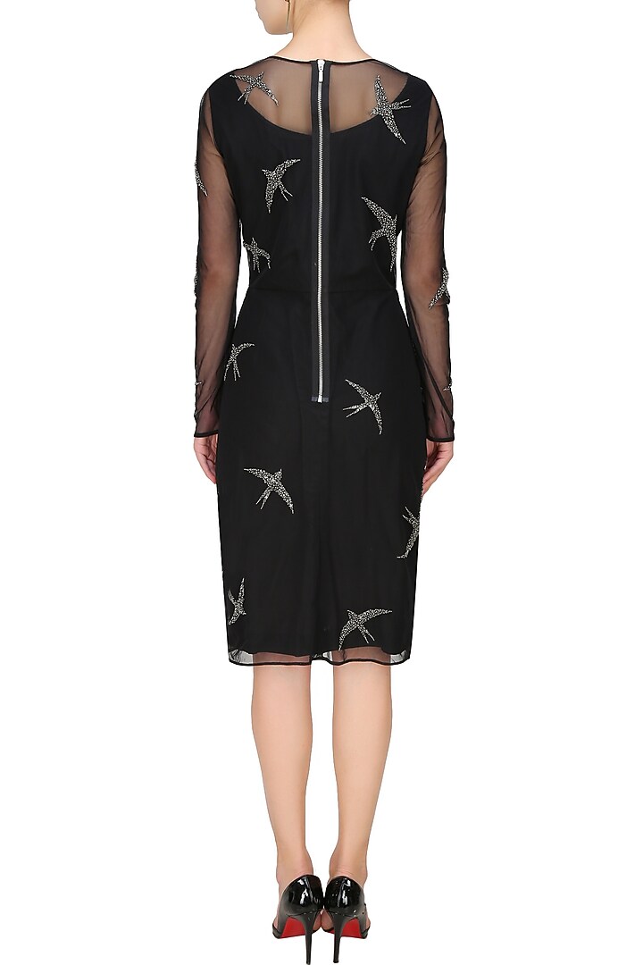 Nachiket Barve presents Black beads and sequins embroidered swallow motifs sheer dress available only at Pernia's Pop Up Shop.