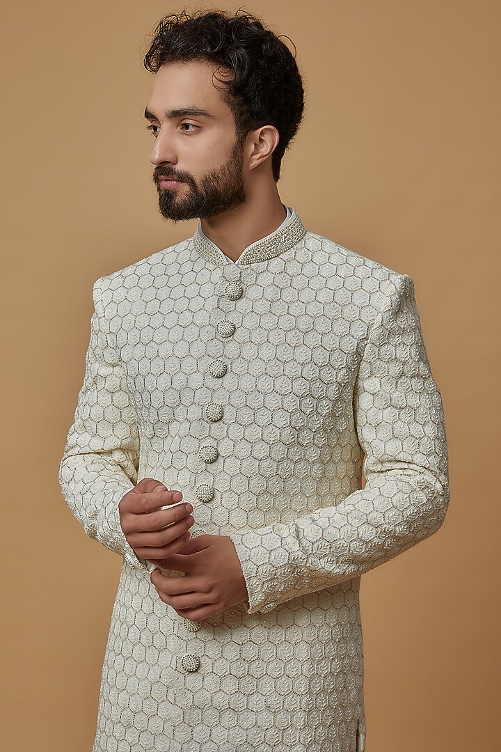 White Silk Embroidered Groom Sherwani Set by Nero by Shaifali & Satya at Pernia's Pop Up Shop