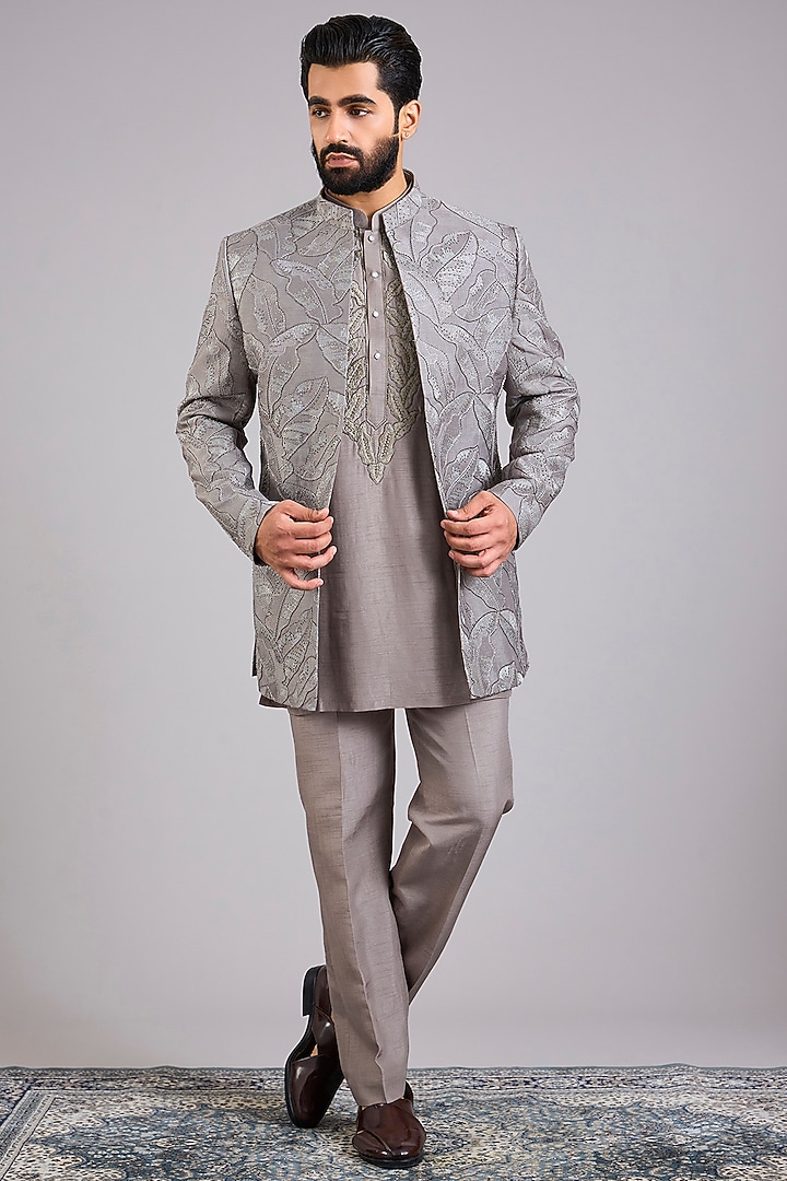 Grey Silk Handwork Open Jacket Set by Nero By Shaifali & Satya at Pernia's Pop Up Shop