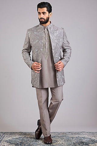 Grey Silk Handwork Open Jacket Set by Nero By Shaifali & Satya