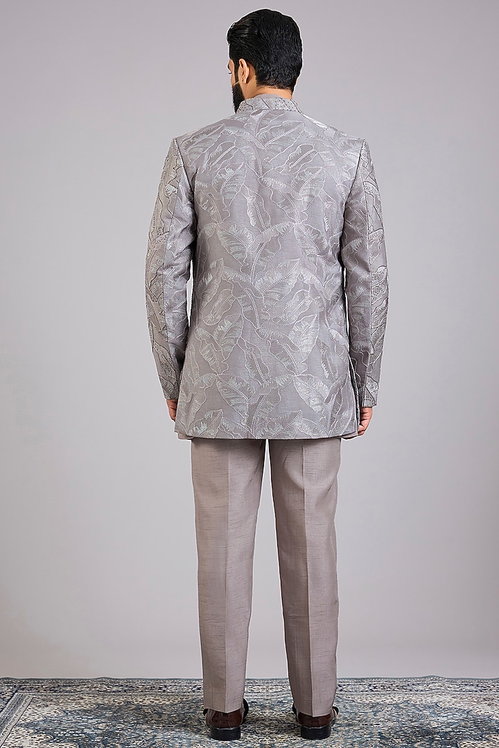 Grey Silk Handwork Open Jacket Set by Nero By Shaifali & Satya at Pernia's Pop Up Shop