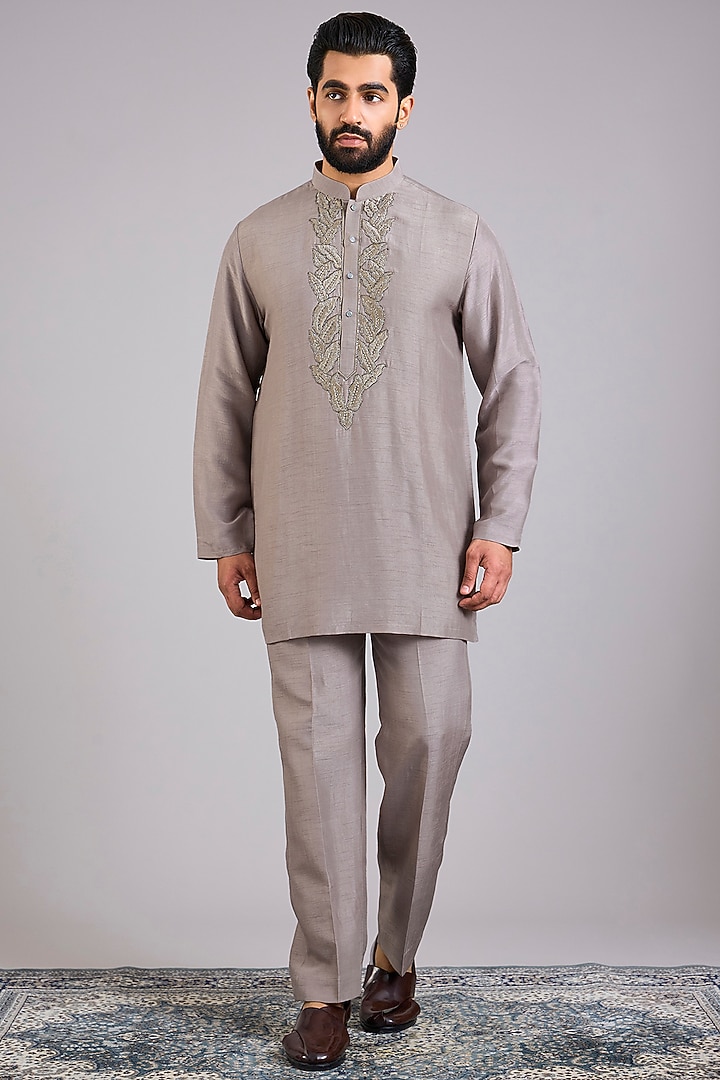 Grey Silk Handwork Open Jacket Set by Nero By Shaifali & Satya at Pernia's Pop Up Shop