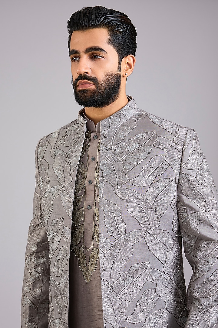 Grey Silk Handwork Open Jacket Set by Nero By Shaifali & Satya at Pernia's Pop Up Shop