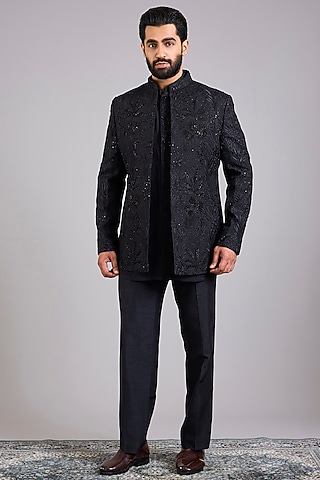 Black Silk Handwork Open Jacket Set by Nero By Shaifali & Satya