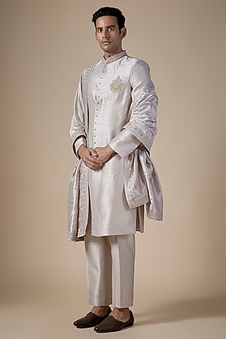 Pink Raw Silk Sherwani Set by Nero By Shaifali & Satya