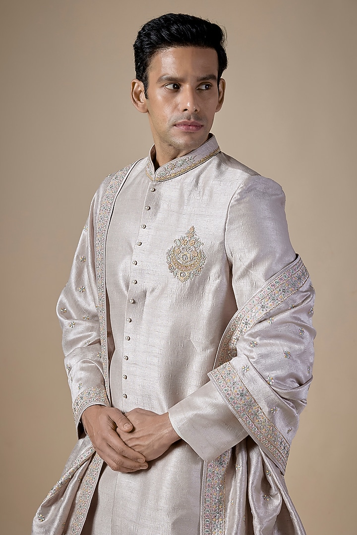 Pink Raw Silk Wedding Sherwani Set by Nero By Shaifali & Satya at Pernia's Pop Up Shop