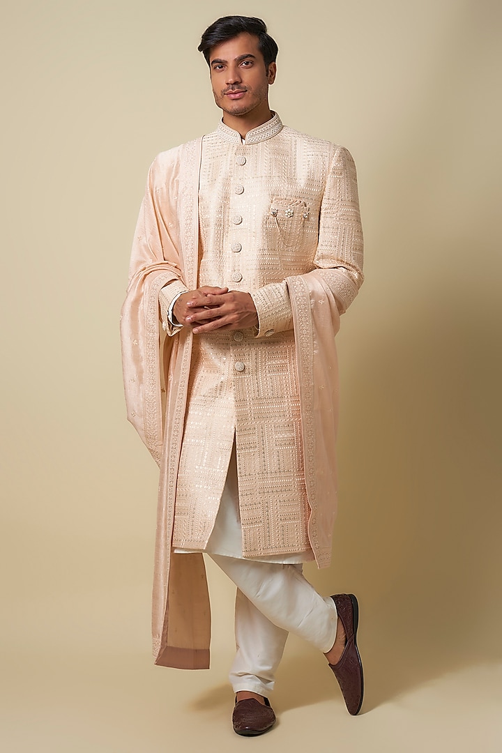 Peach Silk Sequins & Thread Work Sherwani Set by Nero by Shaifali & Satya