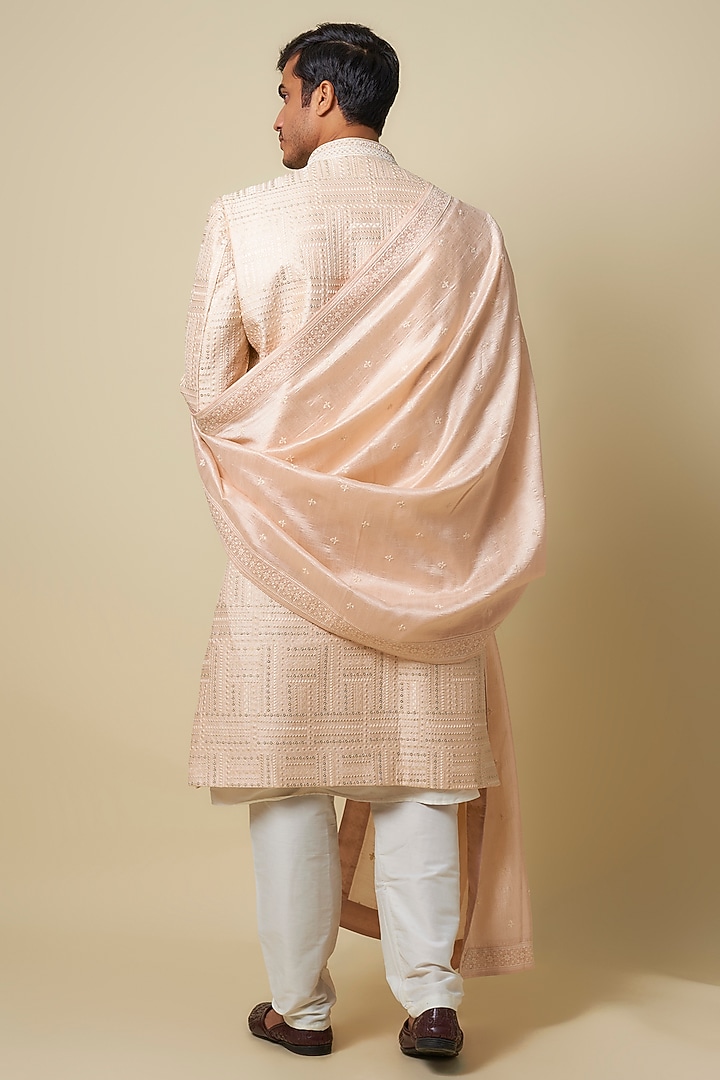Peach Silk Sequins & Thread Work Wedding Sherwani Set by Nero by Shaifali & Satya at Pernia's Pop Up Shop