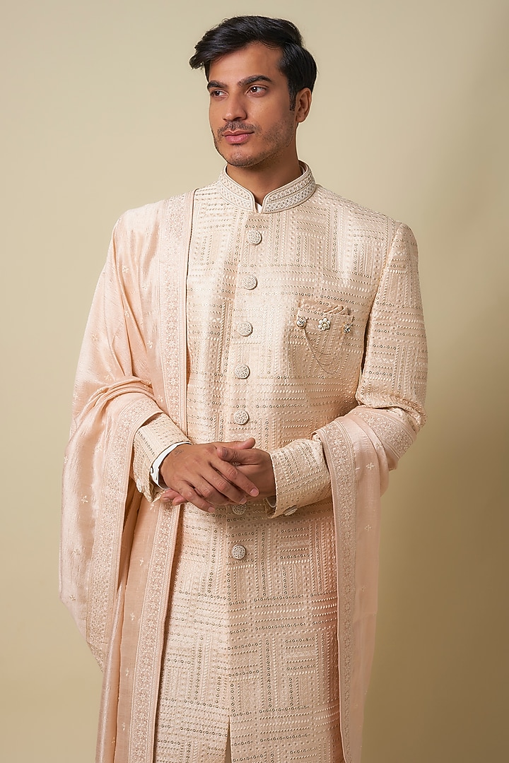 Peach Silk Sequins & Thread Work Wedding Sherwani Set by Nero by Shaifali & Satya at Pernia's Pop Up Shop