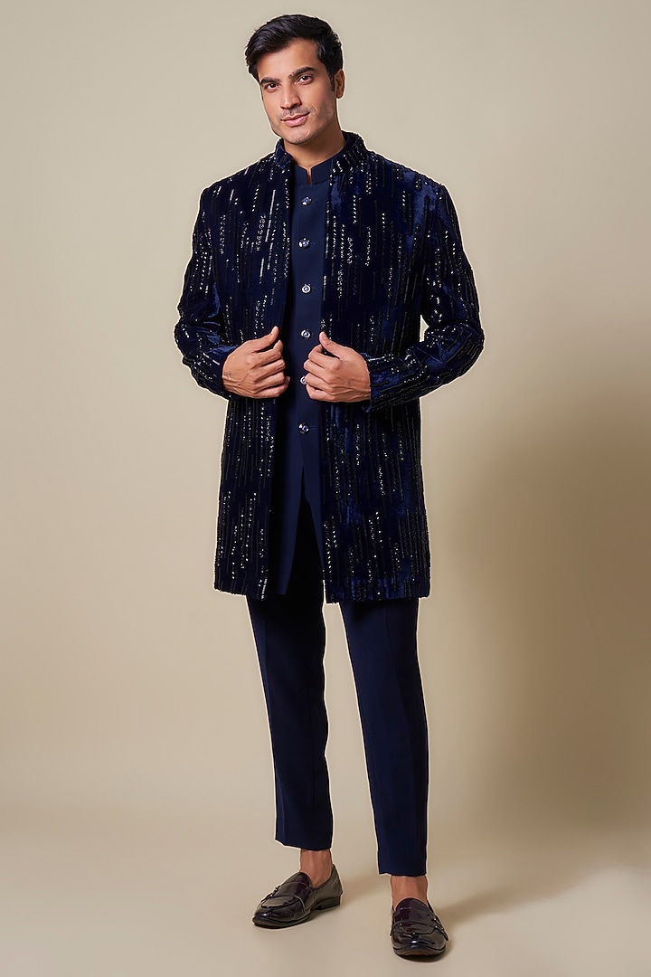 Blue Velvet Hand Work Indo-Western Jacket Set by Nero By Shaifali & Satya at Pernia's Pop Up Shop
