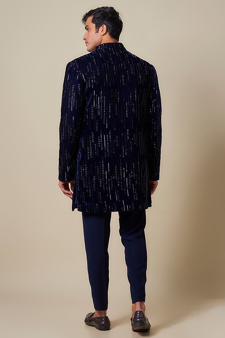 Blue Velvet Hand Work Indo-Western Jacket Set by Nero By Shaifali & Satya at Pernia's Pop Up Shop
