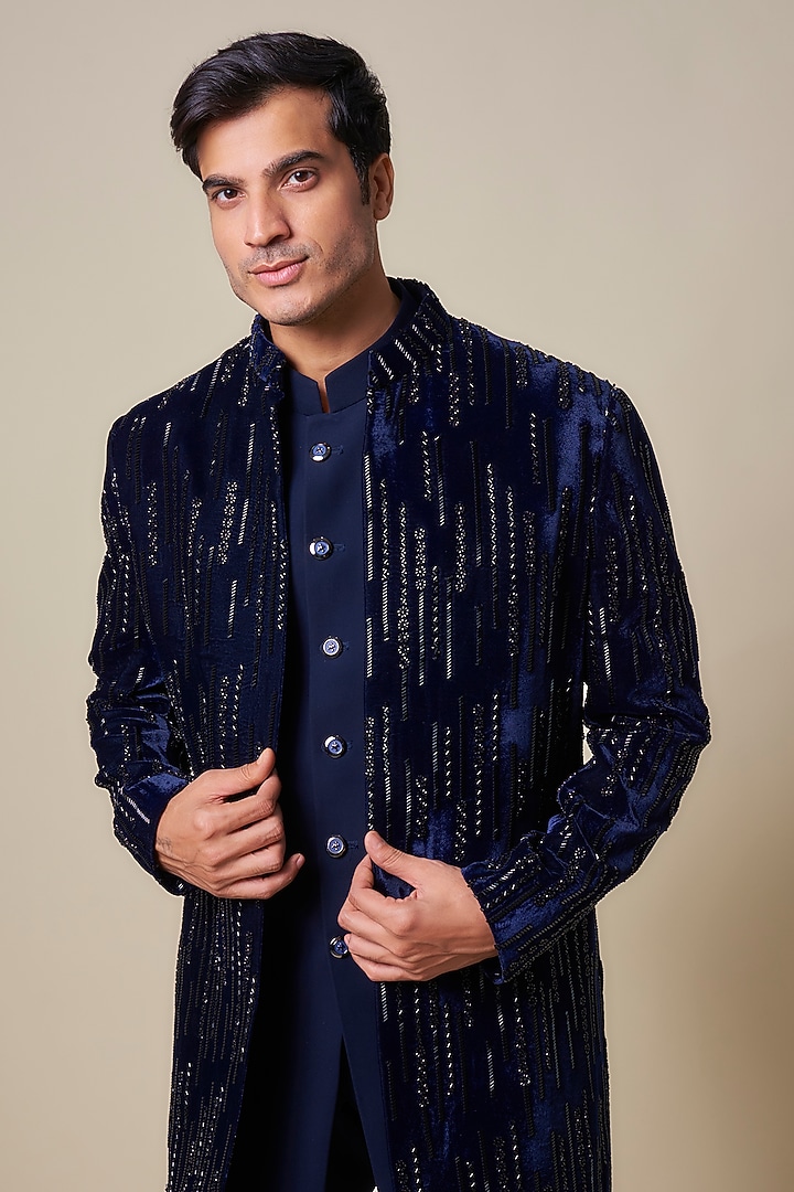 Blue Velvet Hand Work Indo-Western Jacket Set by Nero By Shaifali & Satya at Pernia's Pop Up Shop