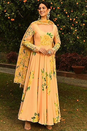 Butter Yellow Floral Printed Wedding Anarkali Set by Neha Chopra Tandon at Pernia's Pop Up Shop