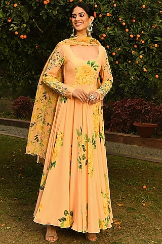 Butter Yellow Floral Printed Anarkali Set by Neha Chopra Tandon